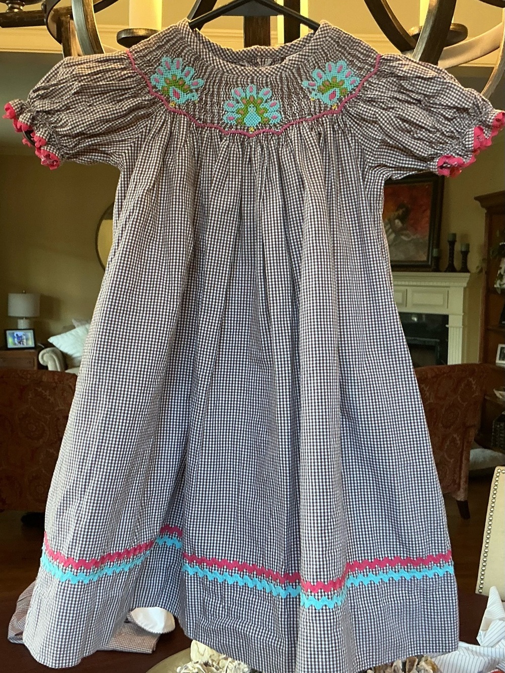 Shrimp and Grits Girls brown Gingham Smocked Thanksgiving dress 2T